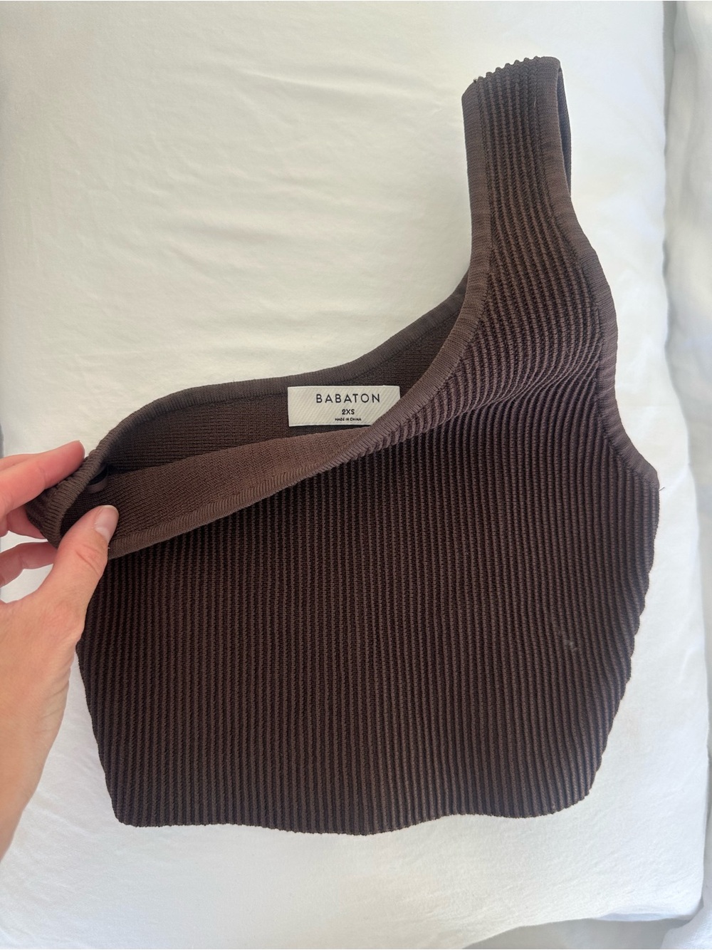 Babaton Dark Brown Ribbed Knit Crossbody Crop Top 2xs